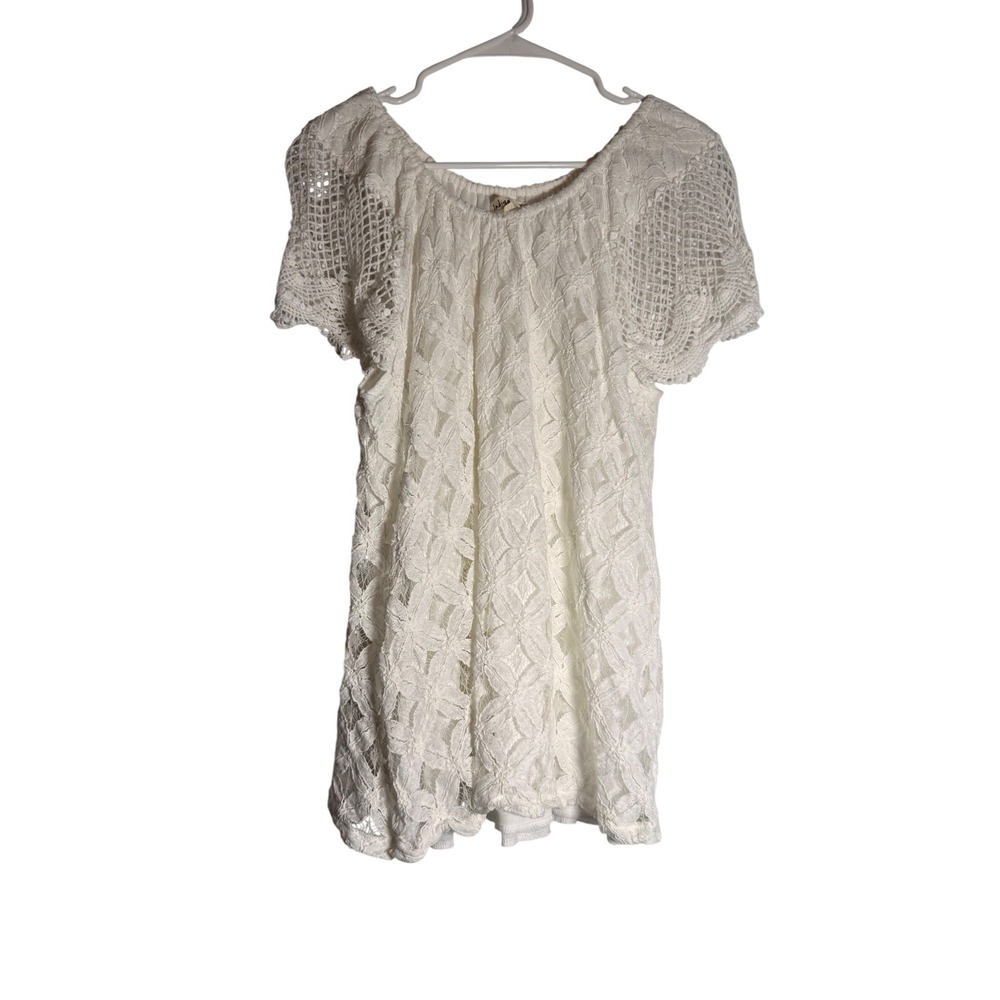 Indigo Soul White Lace Crochet Short Sleeve Top XL Boho Floral Lined Scoop Neck